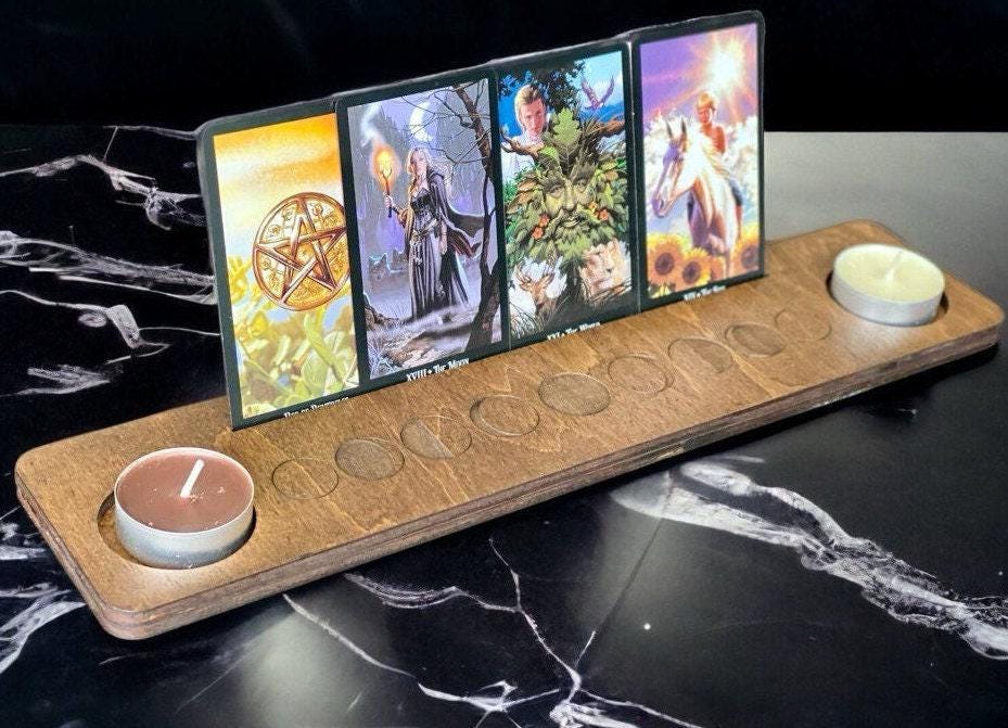 Moon Phase Tarot Stand with Candle Holders, Wooden Altar Display