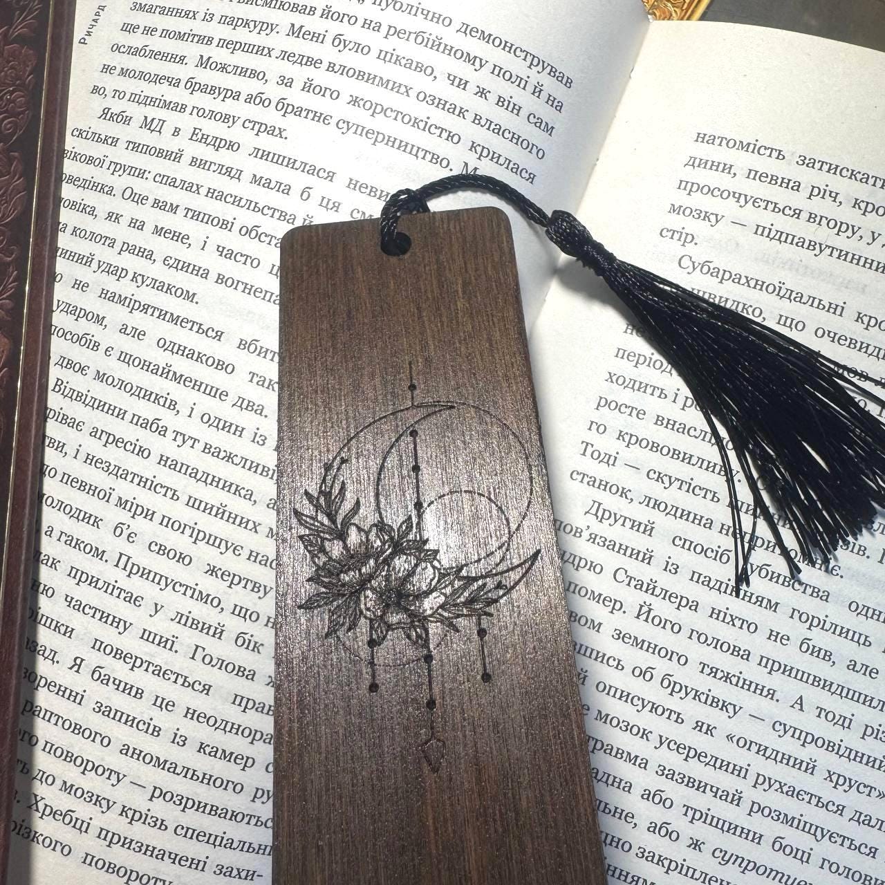 Wooden Flower Moon Bookmark, Engraved Floral Reader Gift