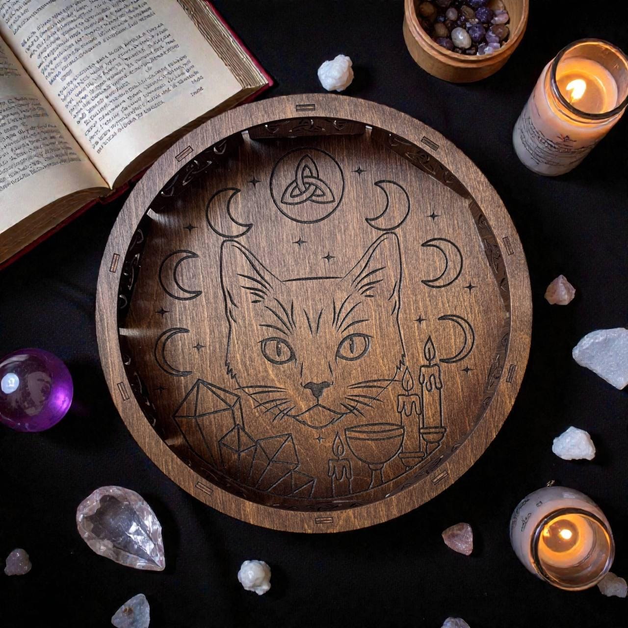 Personalized Cat Witch Altar Tray, Wenge Wood Ritual Decor