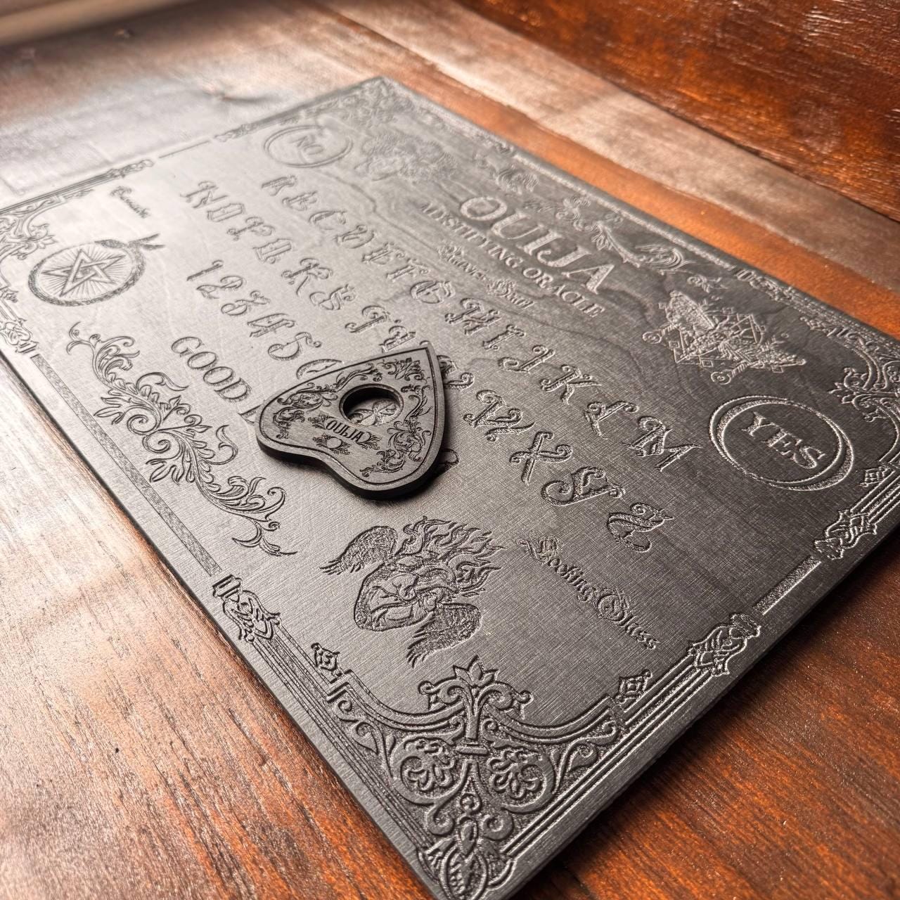 Black Ouija Board - Wooden Spirit Board with Engraved Planchette for Ritual Altar