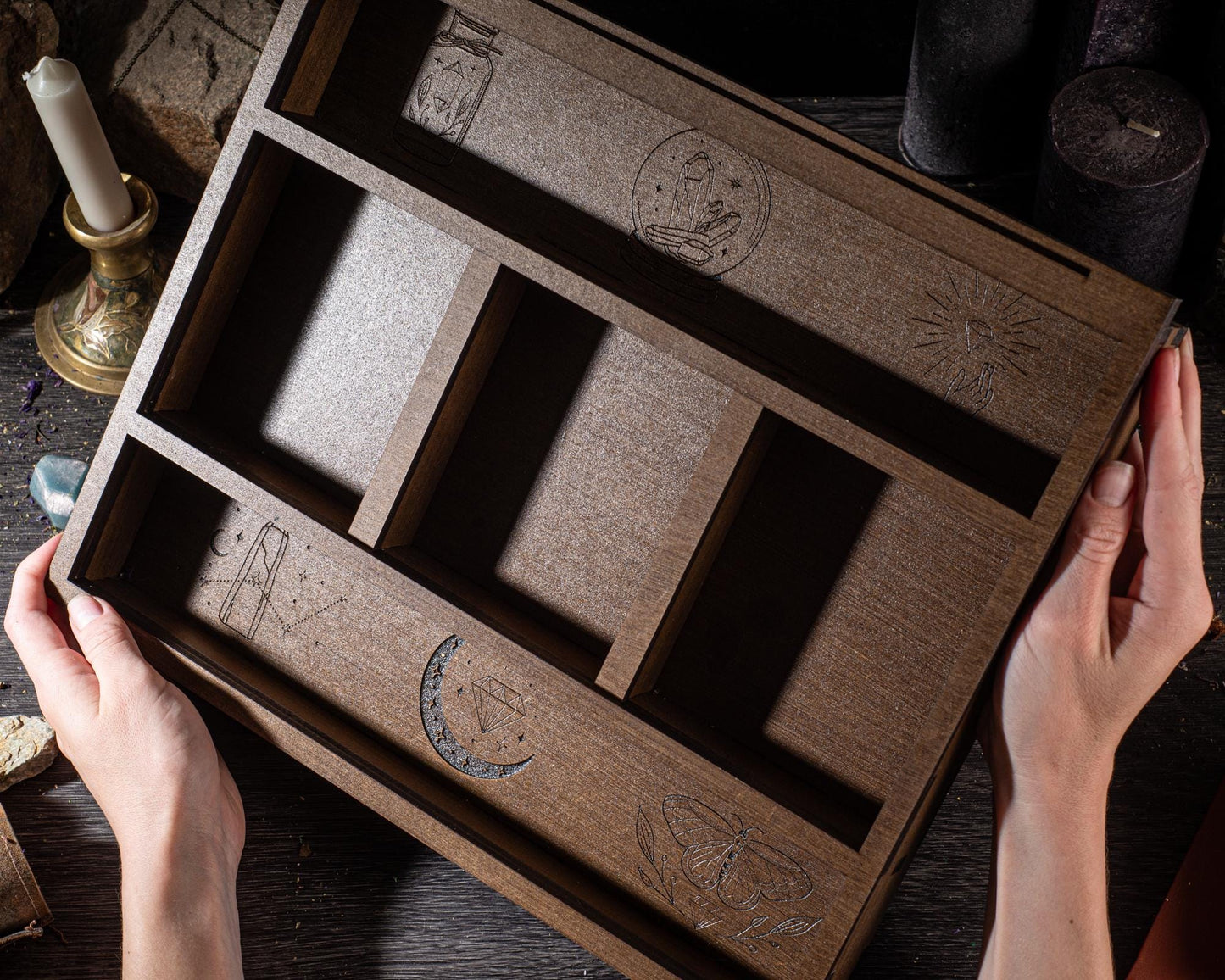 Engraved Wooden Tarot Box: Wiccan Crystal Storage, Personalized Witch Decor