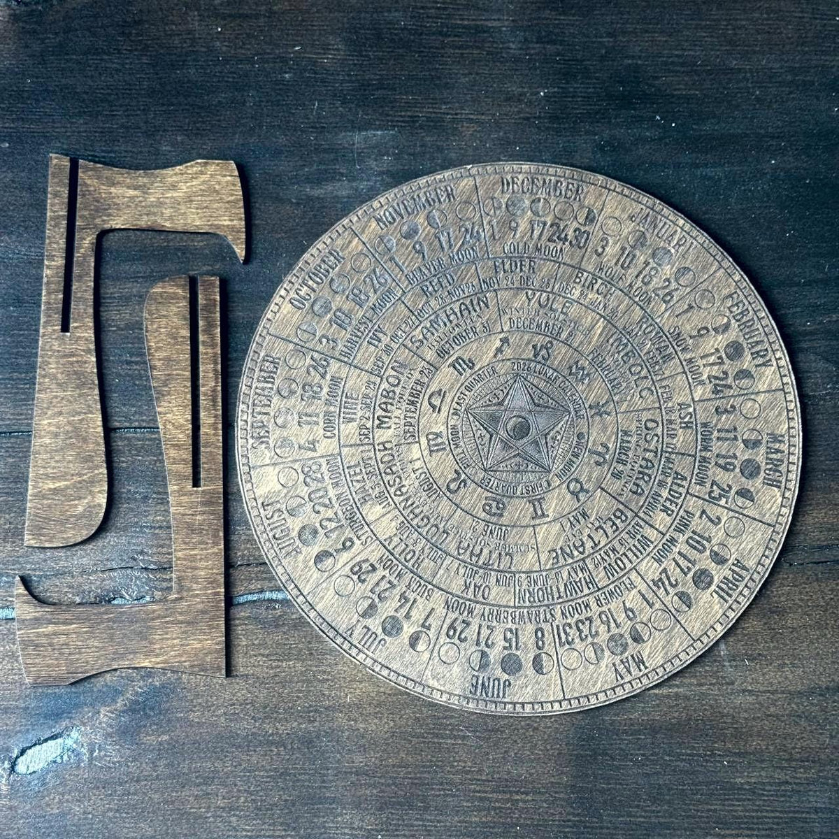 2026 Lunar Calendar with Pentagram – Wiccan Moon Phase Wheel on Walnut Wood with Stand
