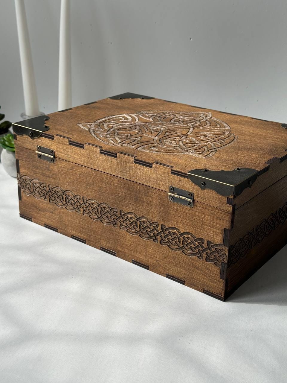 Wooden Storage Box | Viking Keepsake Chest with Celtic Symbol - Rustic Pagan Decor