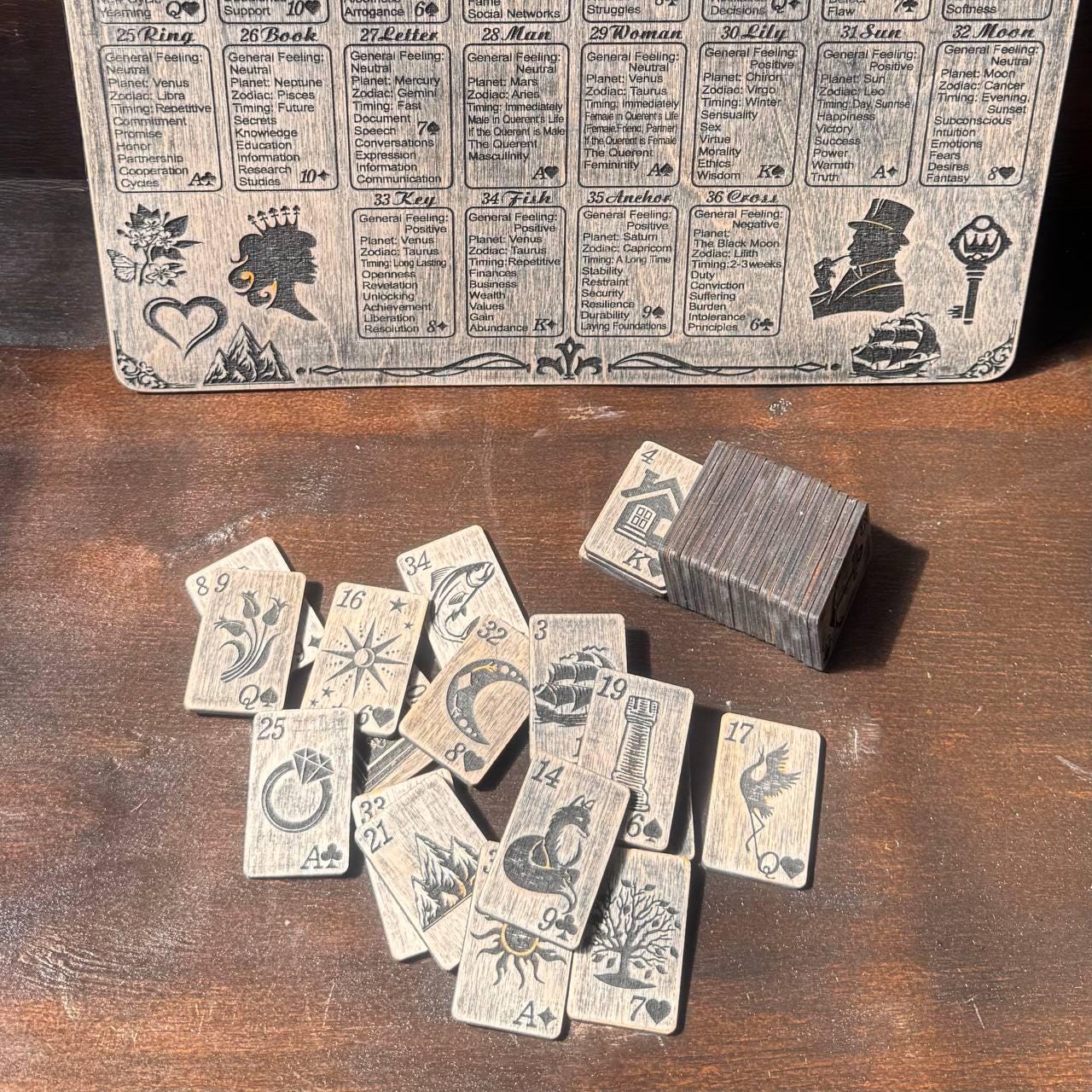 Lenormand Oracle Cards Set with Wooden Reading Board, Fortune Telling Deck, Divination Gift
