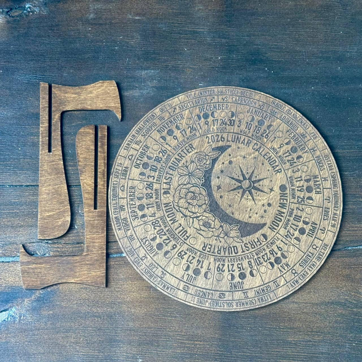 2026 Lunar Moon Phase Calendar – Floral Wood Moon Chart in Walnut Stain with Stand