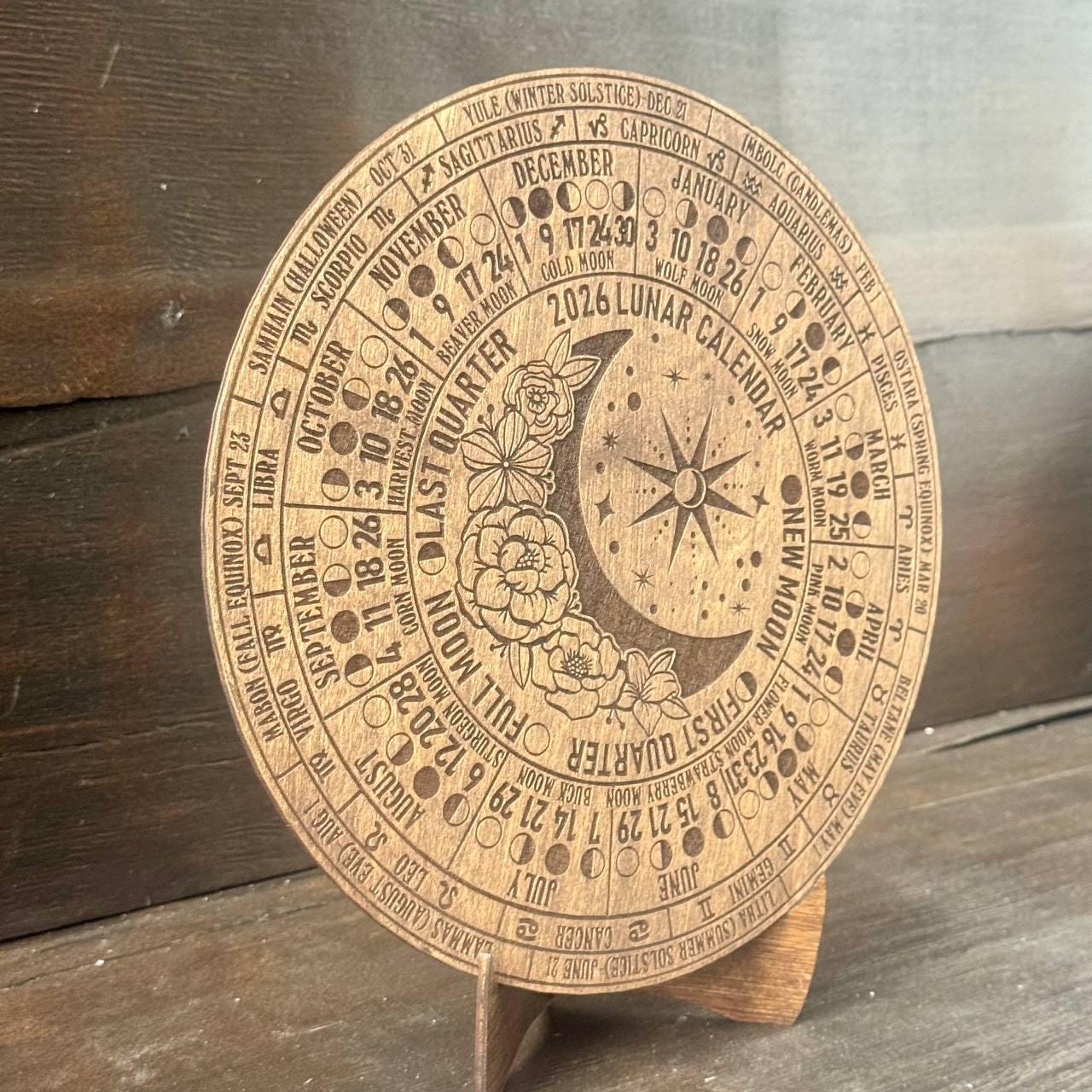2026 Lunar Moon Phase Calendar – Floral Wood Moon Chart in Walnut Stain with Stand