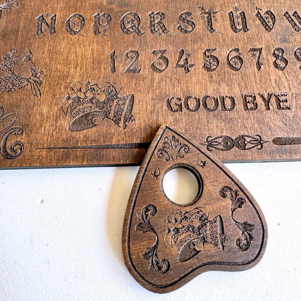 Wooden Ouija Board – Engraved Divination Tool with Mystical Planchette for Rituals