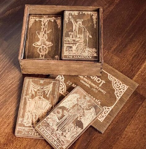 Handmade Wooden Tarot Deck 22 Major Arcana Natural Birch Wood Spiritual Gift Set with Box