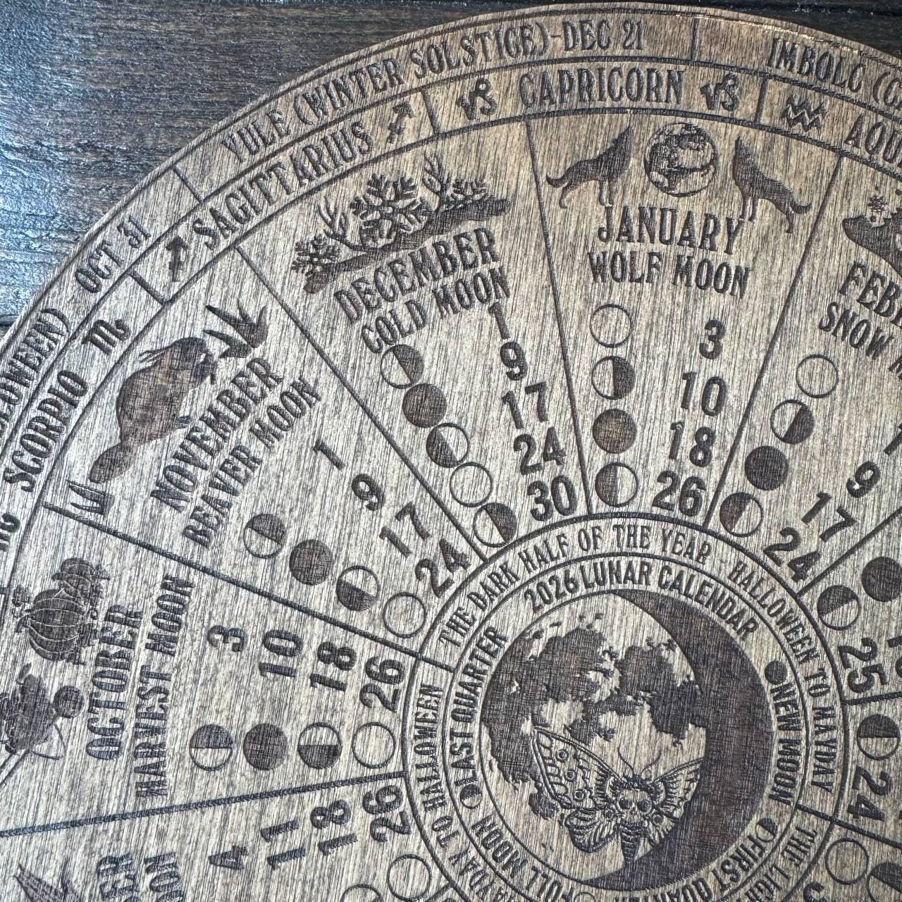 2026 Lunar Calendar Wooden Wall Art, Moon Phase Zodiac Decor for Astrology Lovers