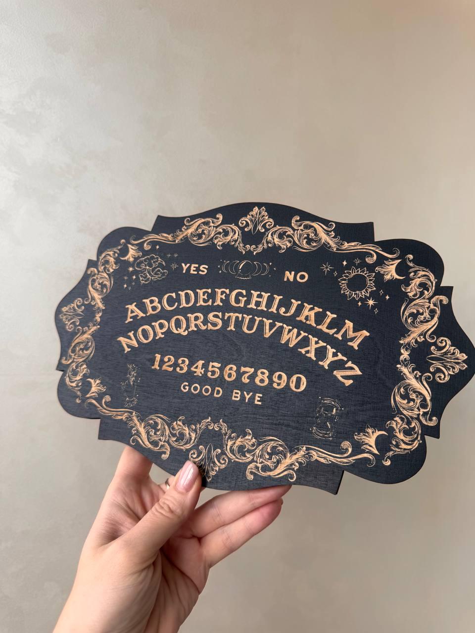 Ouija board, black wood, spirit board with planchette, gothic divination decor