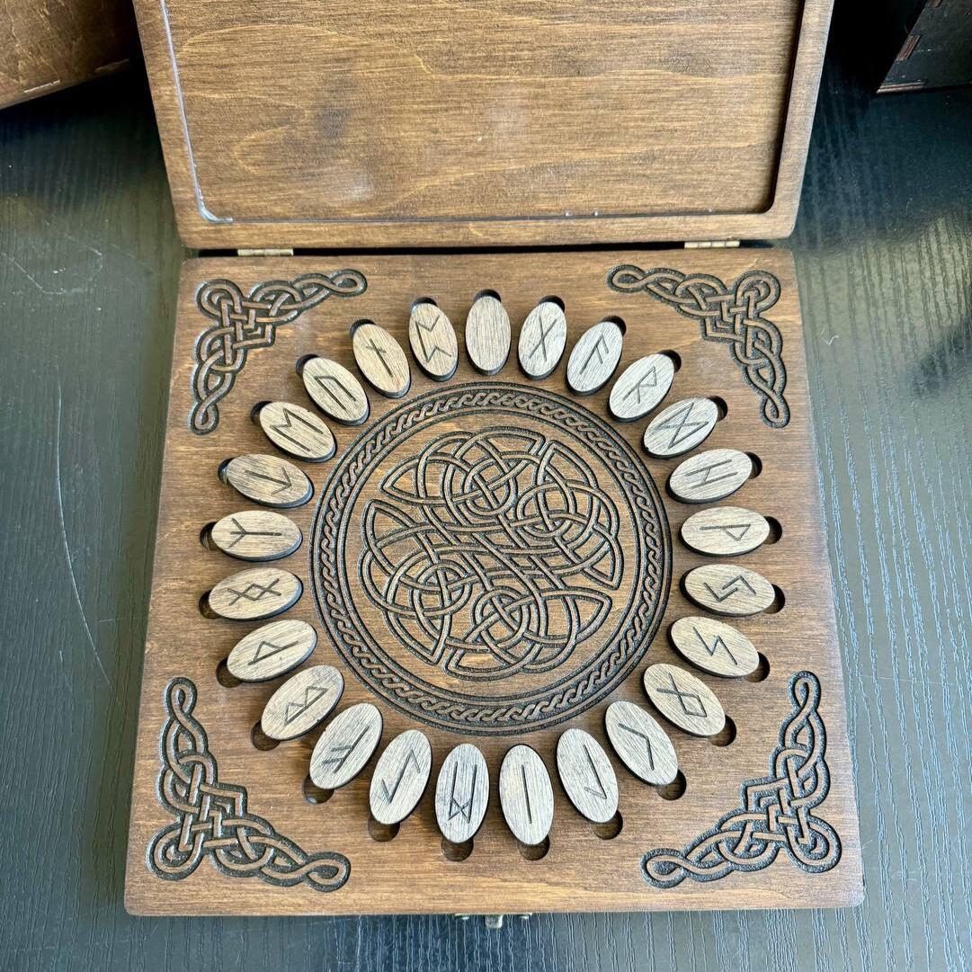 Futhark Runes Set with Wooden Box Norse Divination Kit