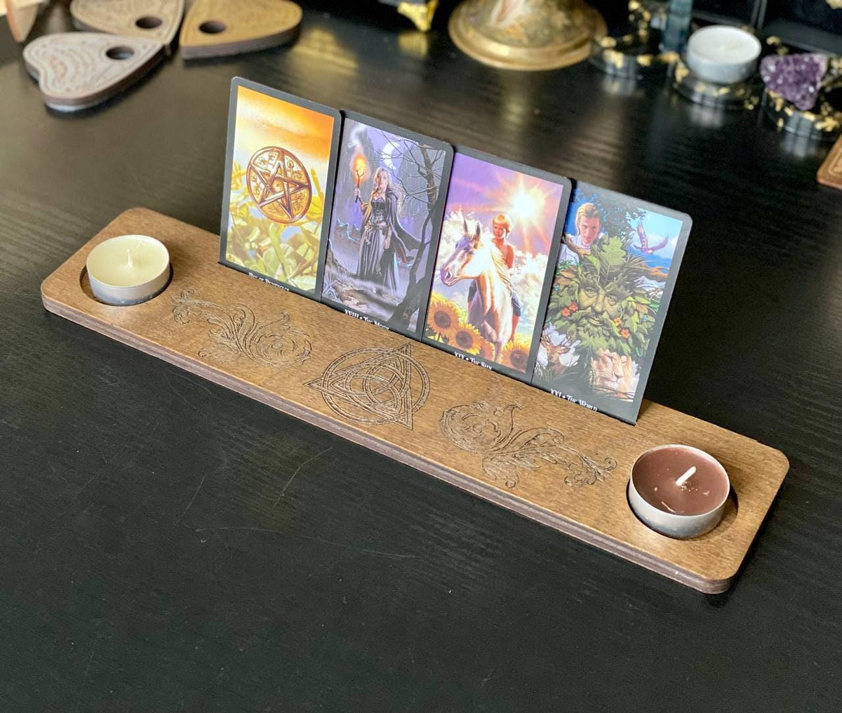 Engraved Wooden Tarot Card Holder with Candle Stand, Personalized Altar Display