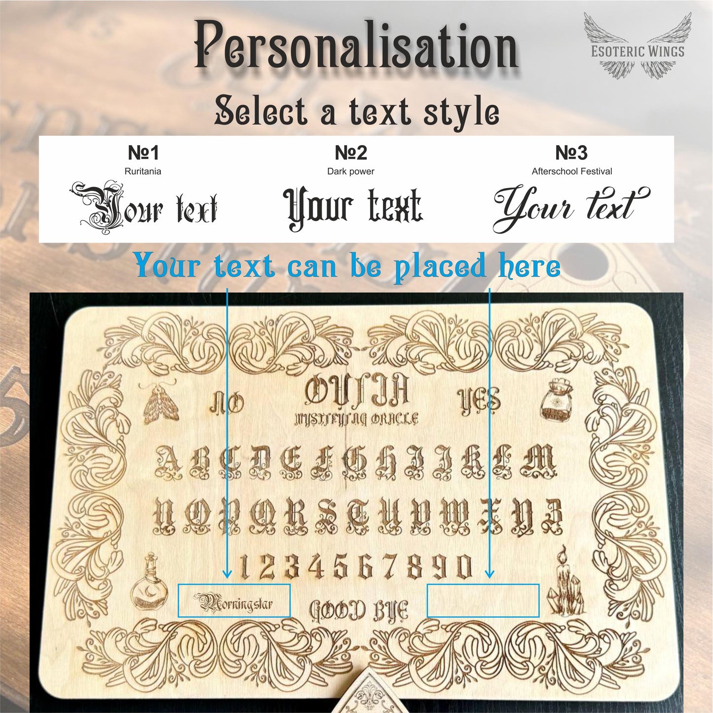 Wooden Ouija Board with Planchette, Engraved Spirit Board, Gothic Alphabet Talking Board