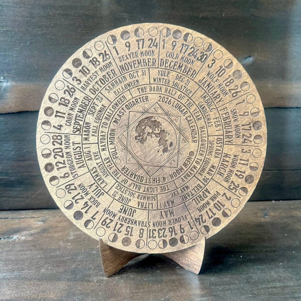 2026 Lunar Calendar Wood Moon Phase Wheel, Witch Altar Decor with Stand, Pagan Astrology Gift