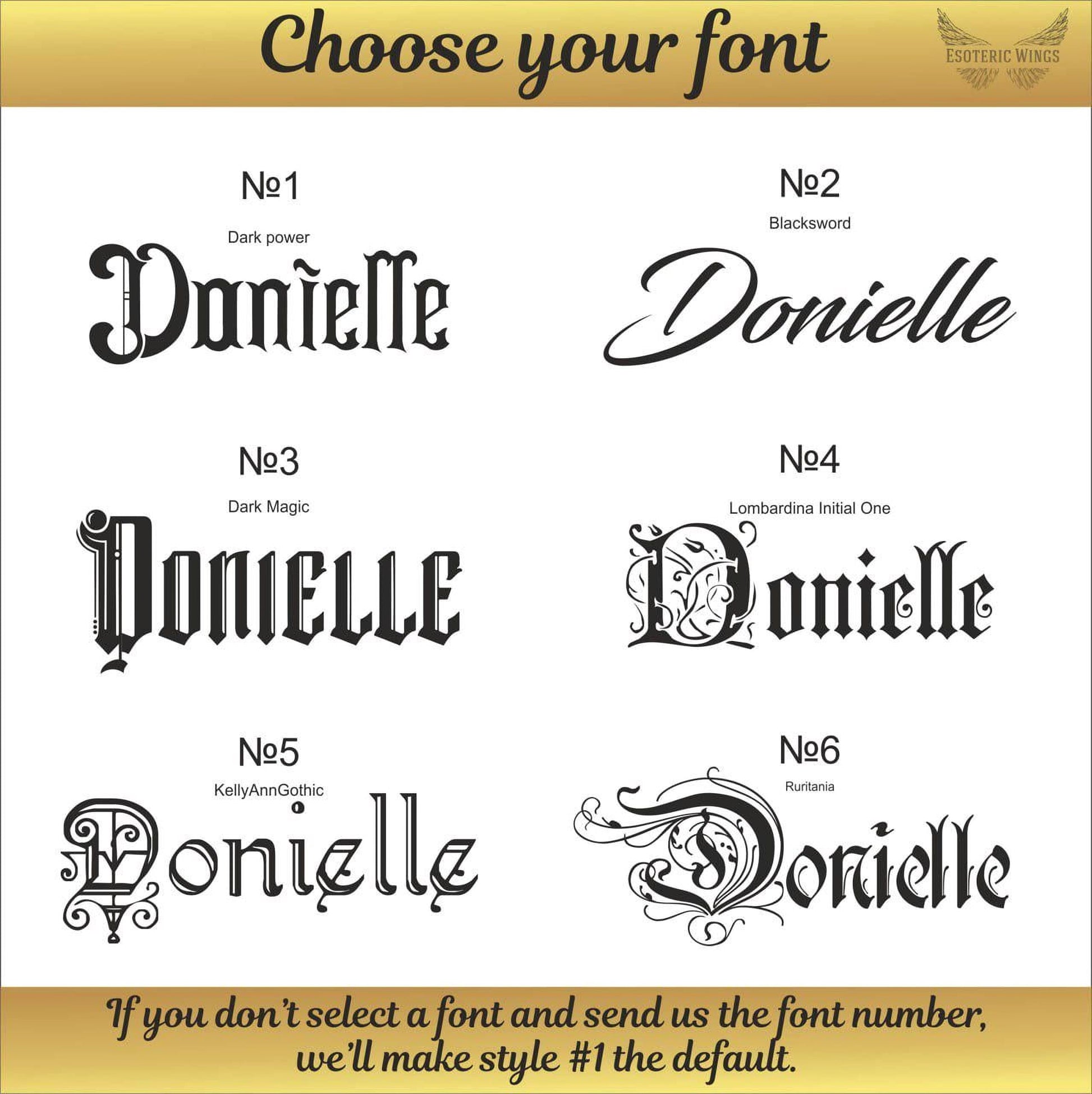 a selection of different font styles and names, including "Dark Power", "Blacksword", "Dark Magic", "Lombardina Initial One", "KeelyAnnGothic", and "Donielle".
