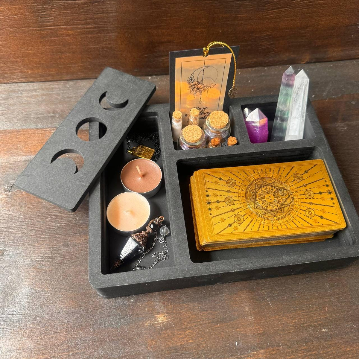 Black Tarot and Crystal Organizer, Moon Phase Witchcraft Storage Box