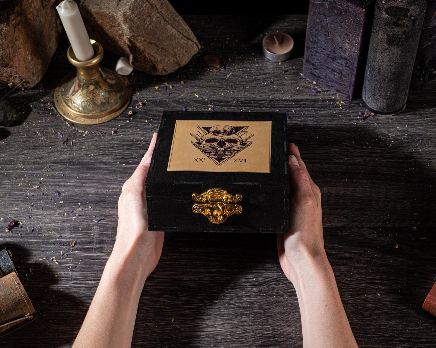 Personalized Gold & Black Wooden Tarot Card Box: Witch Altar Decor