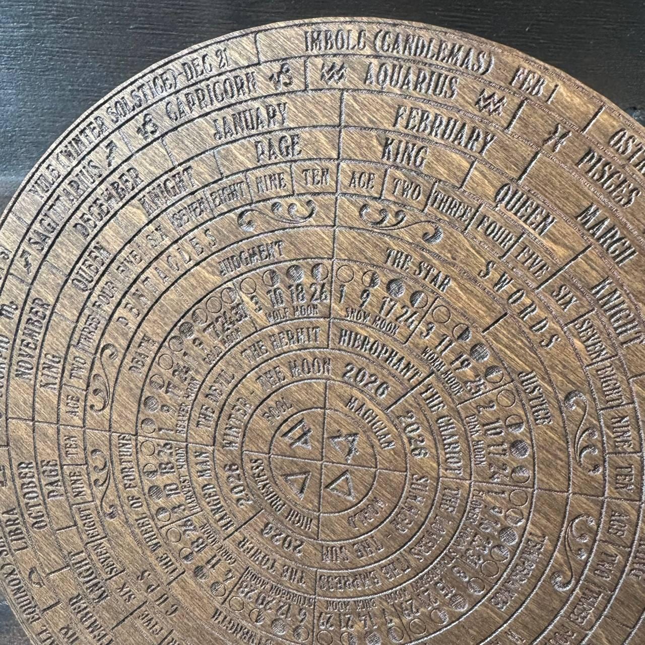 2026 Lunar Calendar Wooden Moon Wheel – Witch Altar Decor, Full Moon Phases Chart