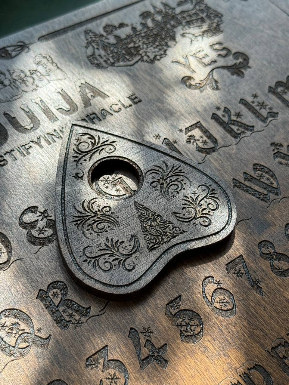 Rosewood Ouija Planchette: Christmas Tree Engraved, Occult Decor