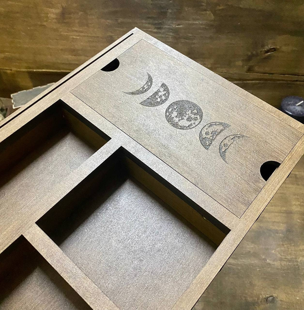 Moon Phase Tarot Box, Wooden Organizer for Cards, Witch Altar Storage Case, Crystal Divider Box