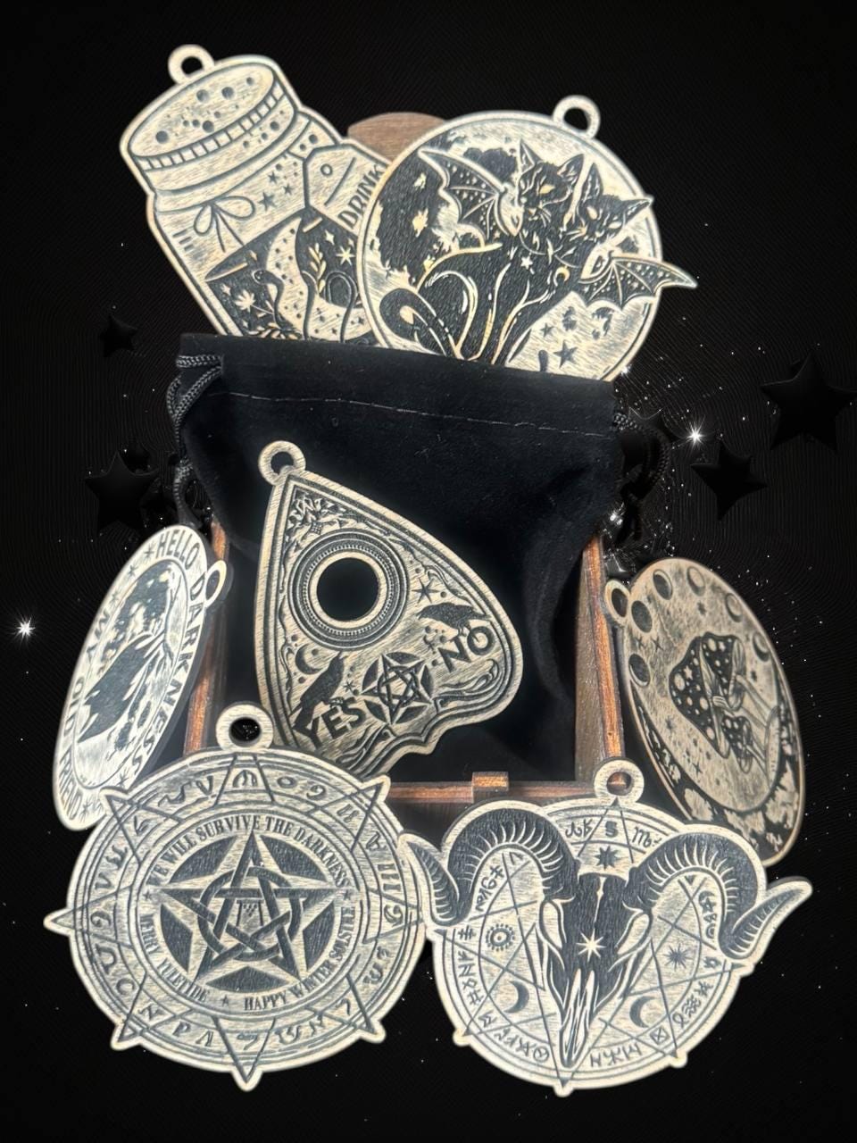 Personalized Wicca Ornament Gift Box, 7 Wooden Sabbat Charms in 4 Colors