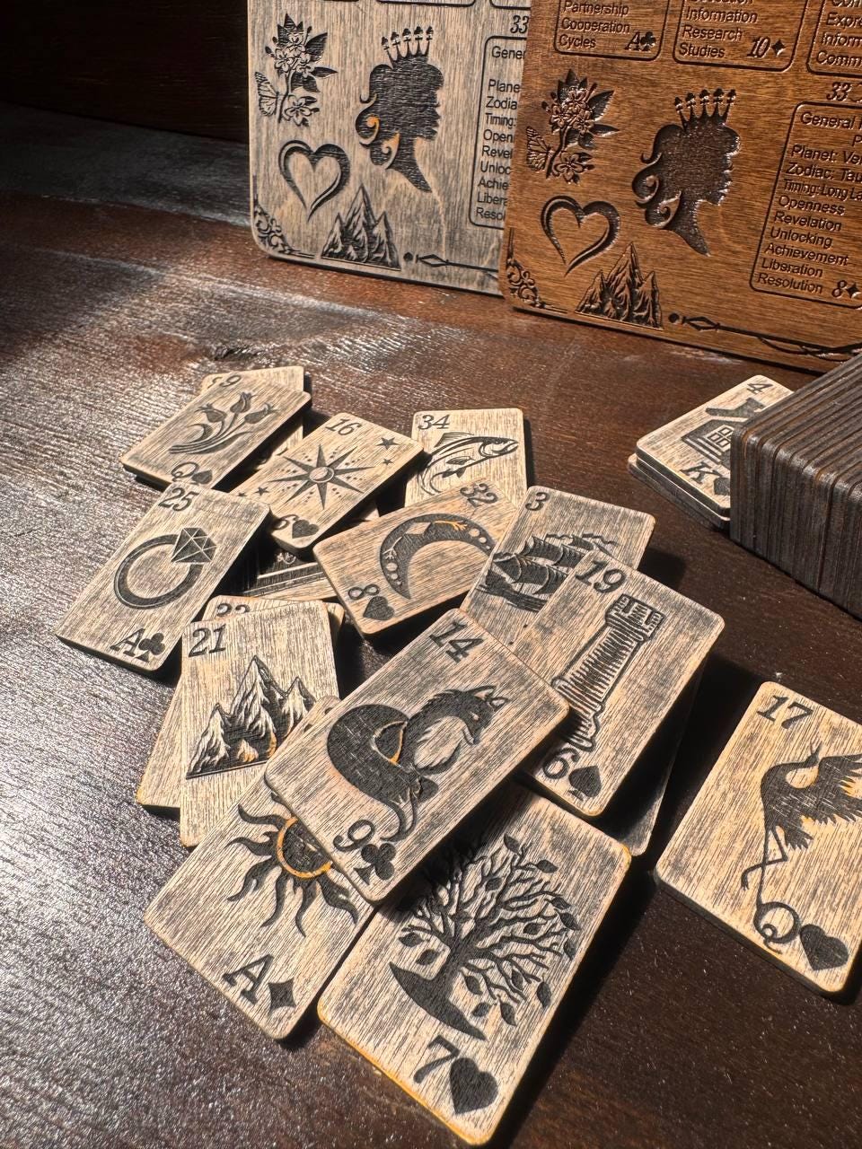 Lenormand Oracle Cards Wooden Divination Deck, Fortune Telling Cards, Gothic Oracle Set