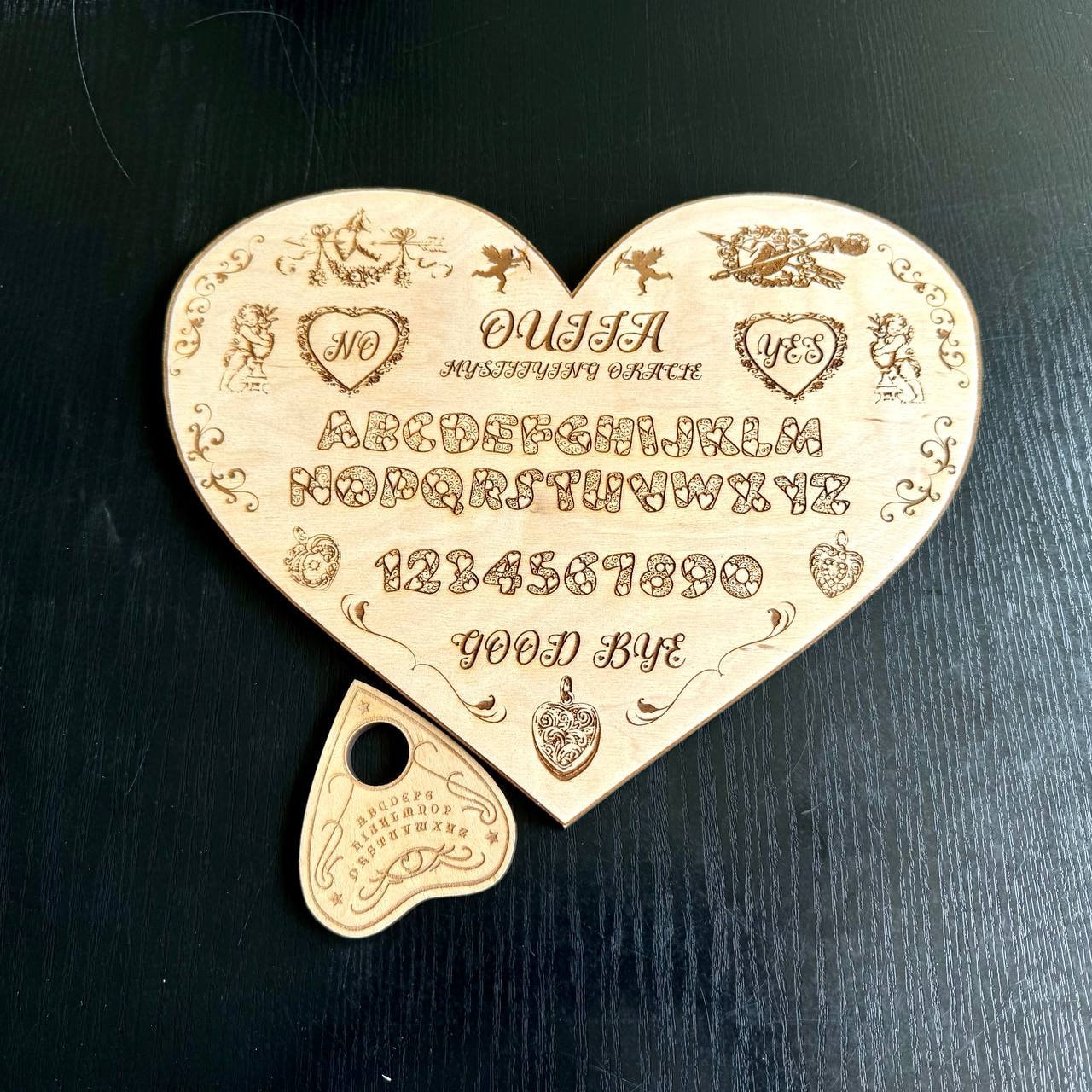 Love Ouija Board Heart Shape with Planchette, Romantic Witch Gift Decor