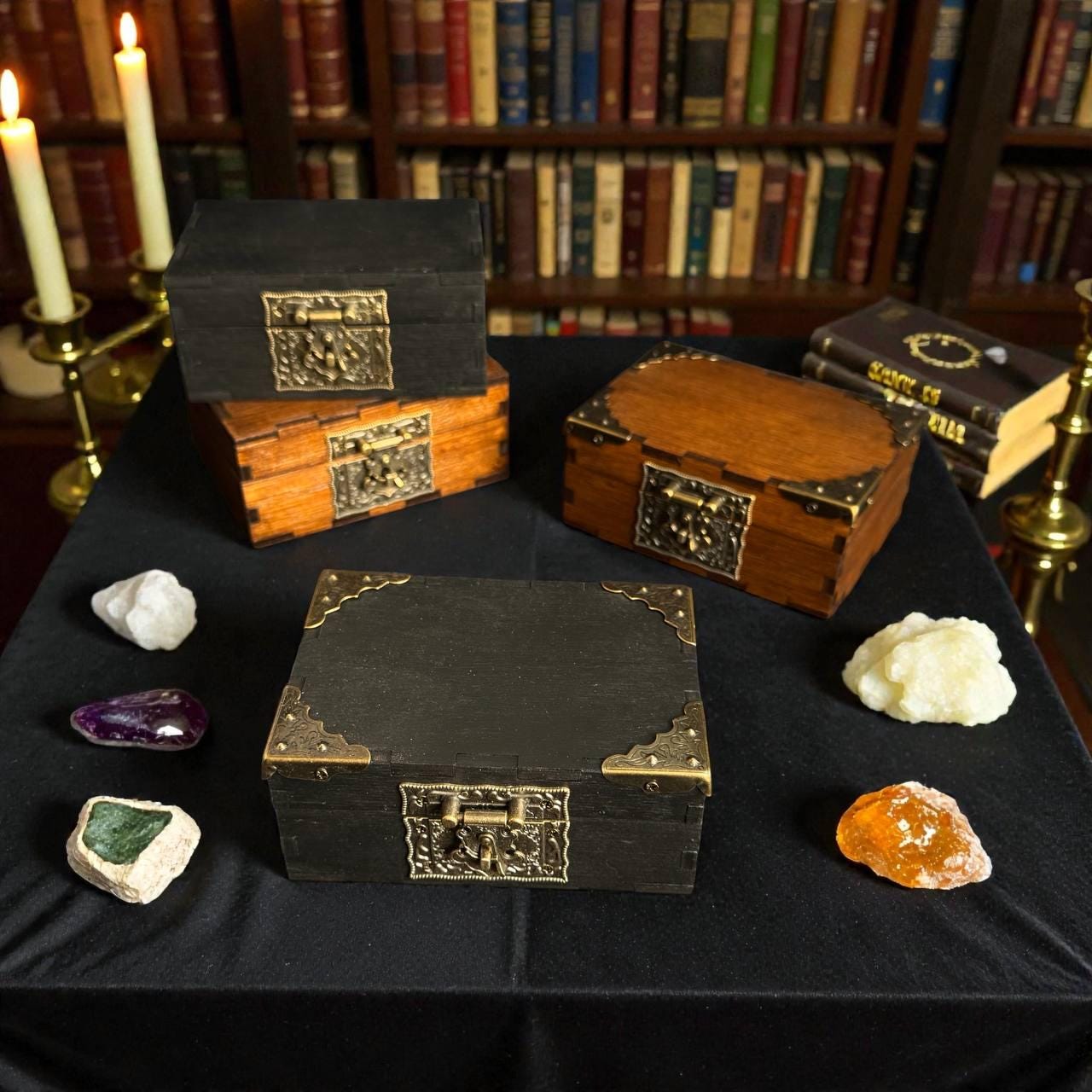Engraved Wooden Storage Box, Vintage Witch Altar Box, Crystal Storage Chest