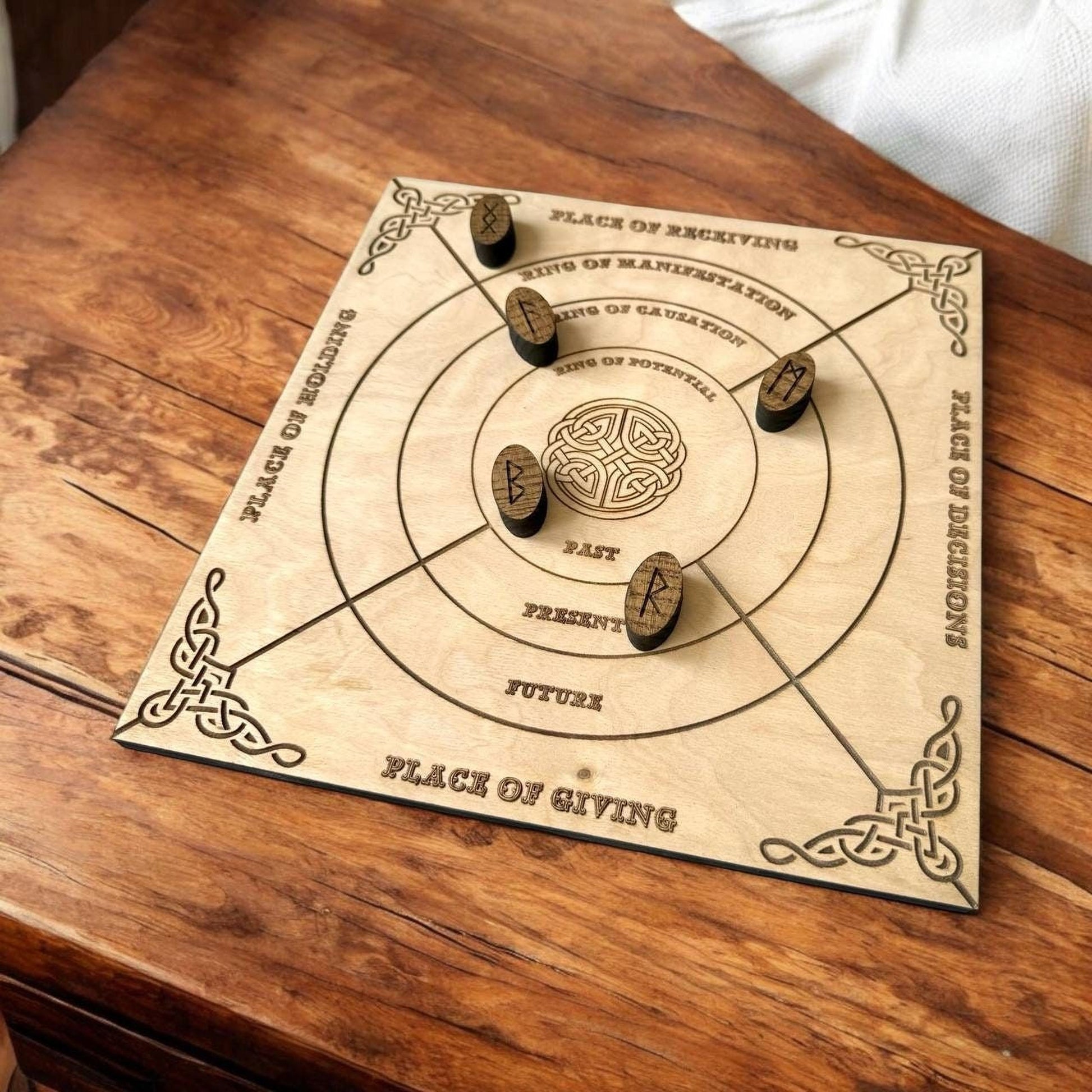 A wooden board game with a circular design and wooden pieces, placed on a wooden surface.