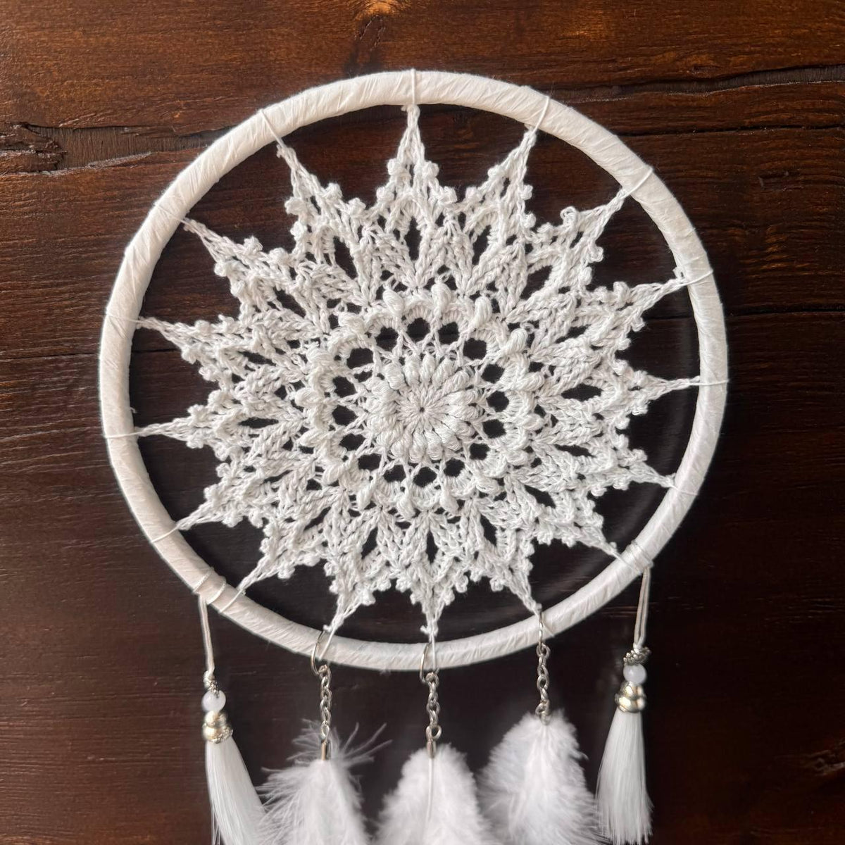 White Crochet Dream Catcher – Boho Bedroom & Nursery Decor