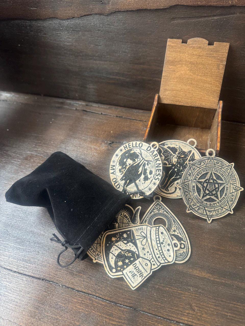Personalized Wicca Ornament Gift Box, 7 Wooden Sabbat Charms in 4 Colors