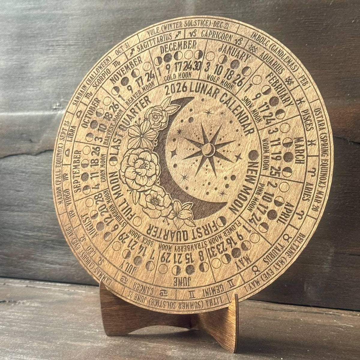 2026 Lunar Moon Phase Calendar – Floral Wood Moon Chart in Walnut Stain with Stand