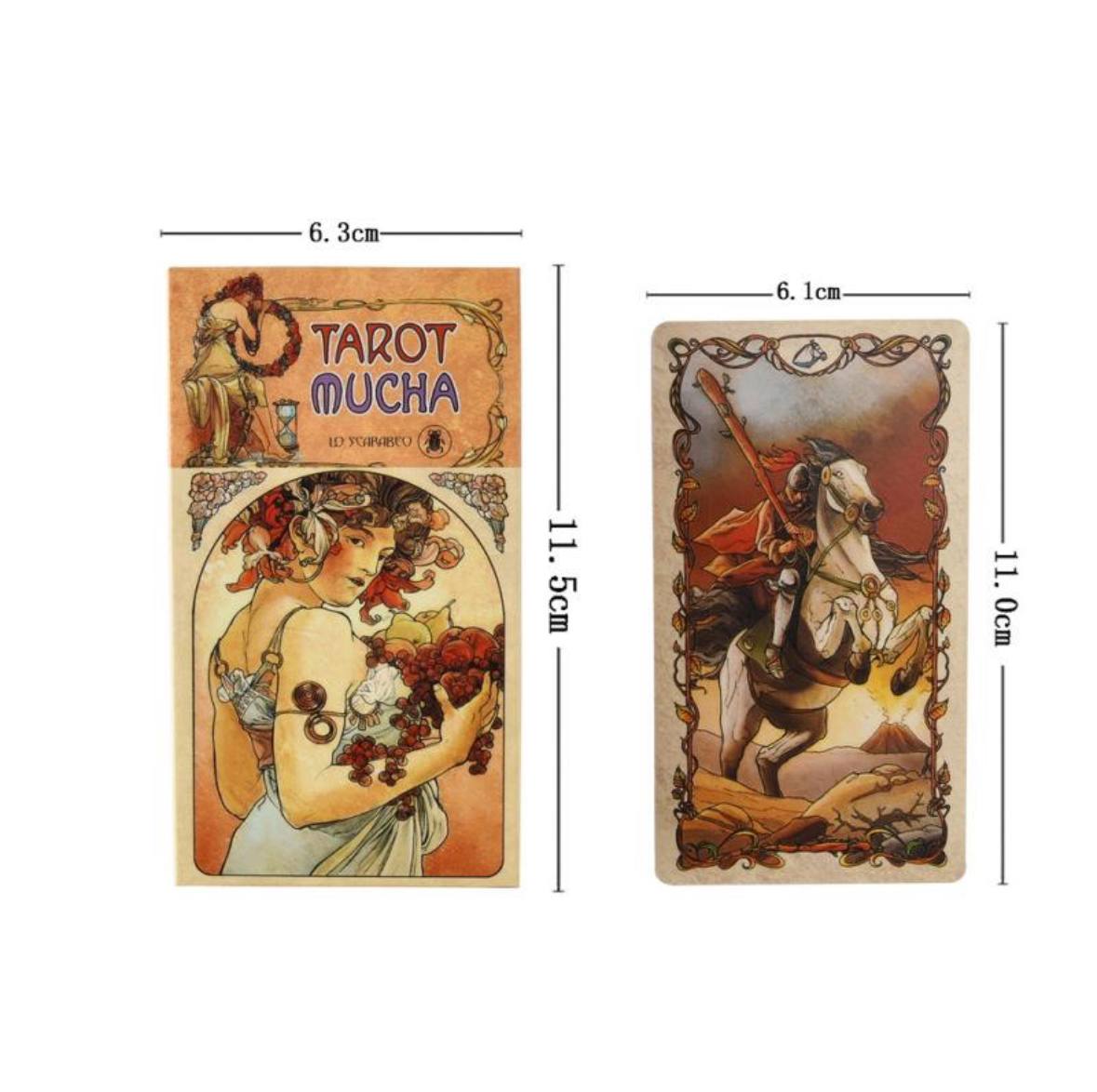two tarot cards with illustrations of a woman and a man, along with their respective measurements.