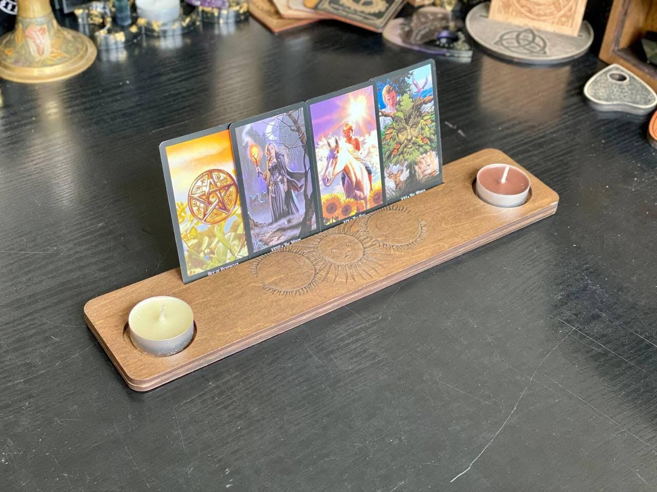 Sun and Moon Tarot Card Holder, Engraved Wooden Altar Stand