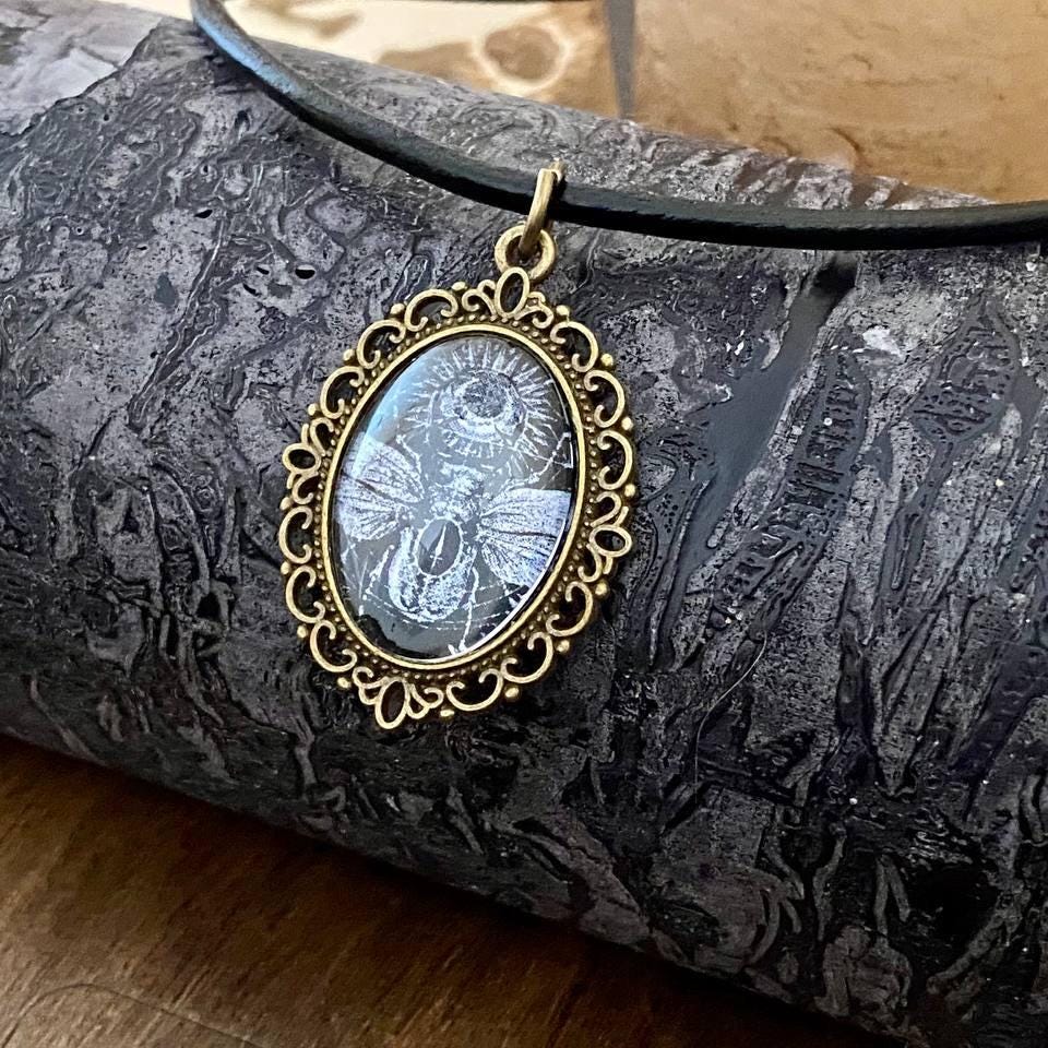 Scarab Beetle Necklace, Egyptian Pendant, Gothic Insect Jewelry, Oval Amulet