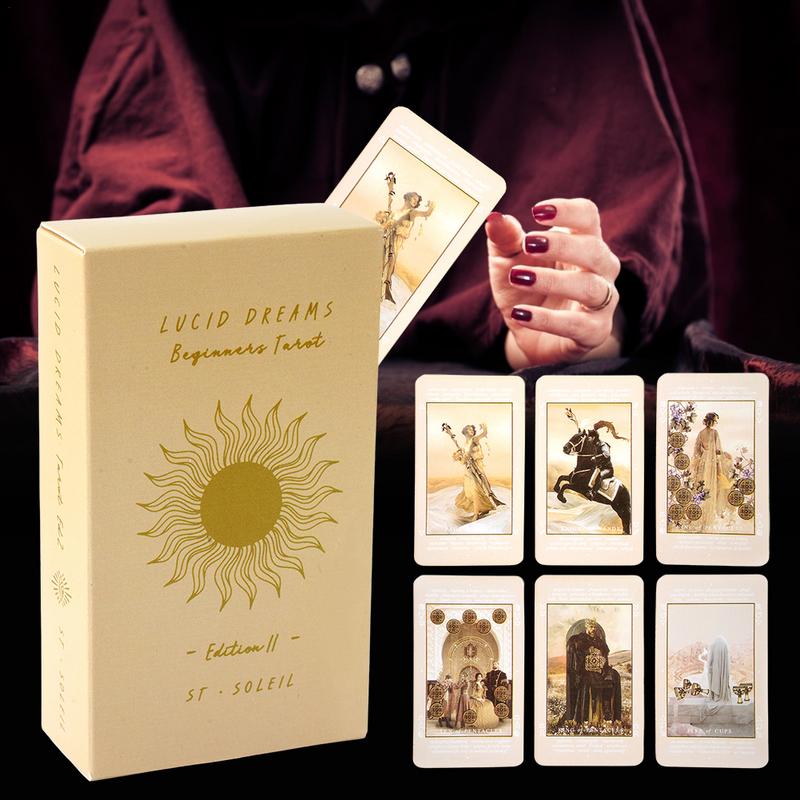 The image is a collage of a tarot deck box and a hand holding a tarot card, with a person's hand visible in the background.