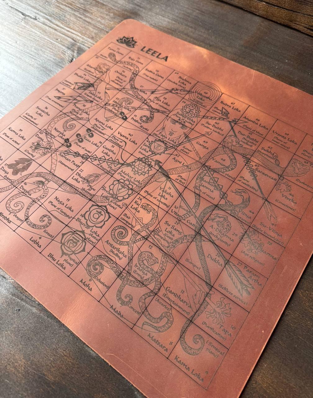 Leela Game Board – Handcrafted Leather Spiritual Tool | Karma Snakes & Sacred Geometry