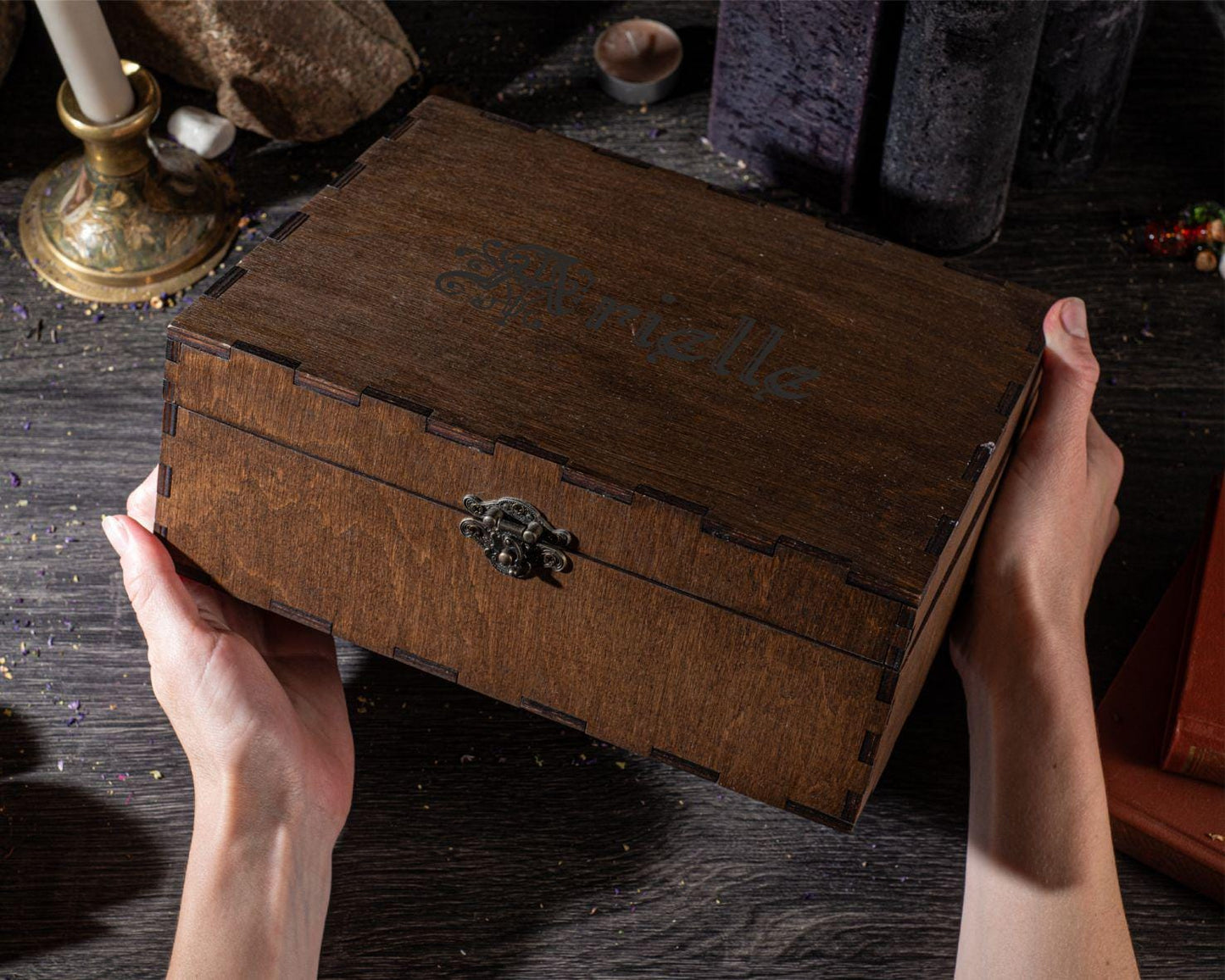 Engraved Wooden Mystery Box: Witch Gift, Crystal Storage