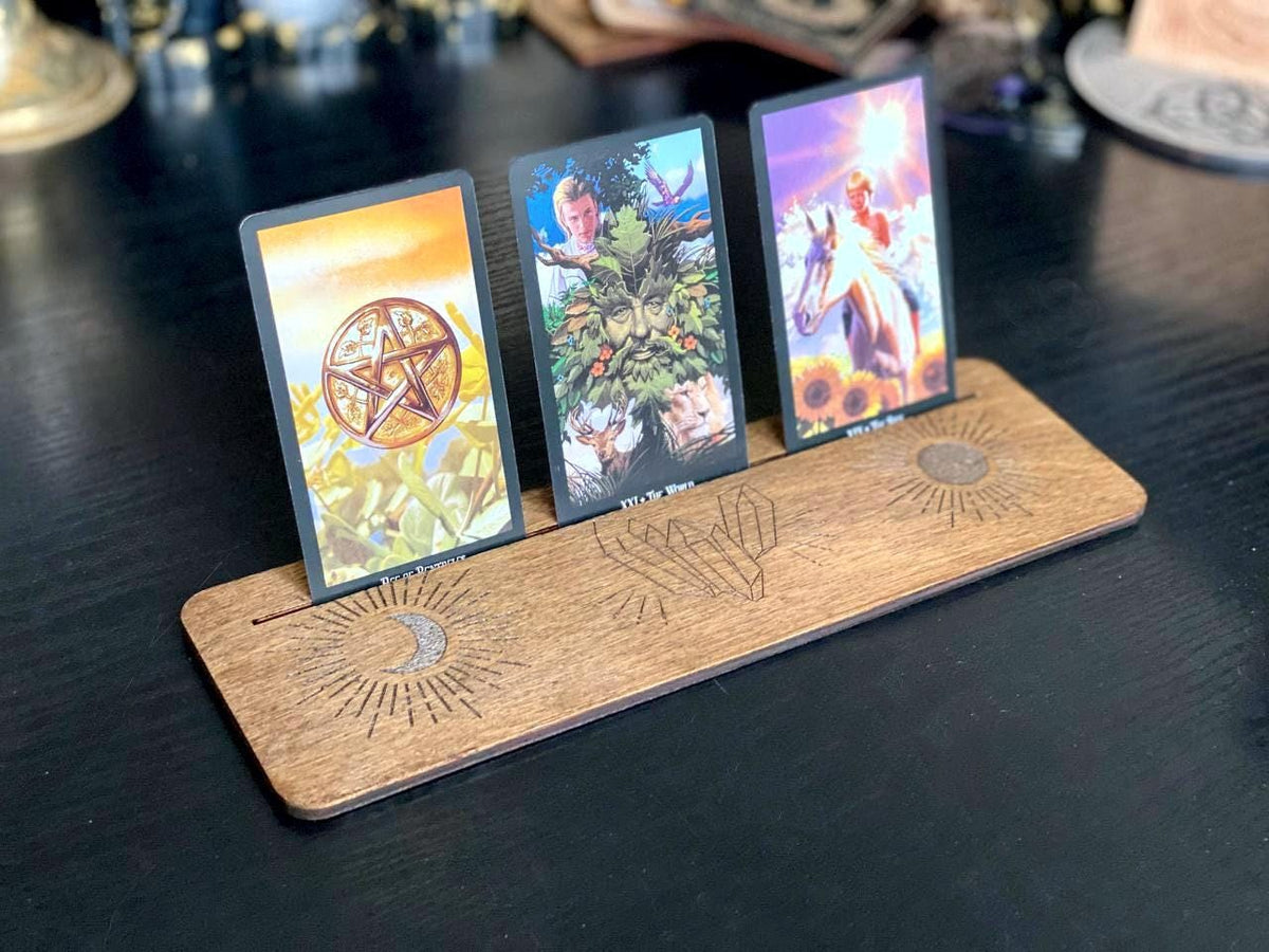 Moon and Sun Tarot Card Holder, Wooden Fortune Telling Stand