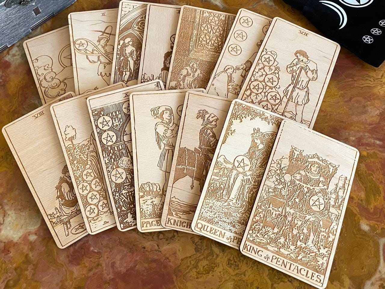 Wooden Tarot Cards Pentacles Suit Rider–Waite–Smith Engraved Deck Earth Element