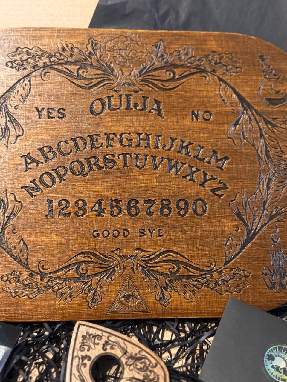 Wooden Ouija Board with Planchette, Gothic Spirit Game for Ritual Decor