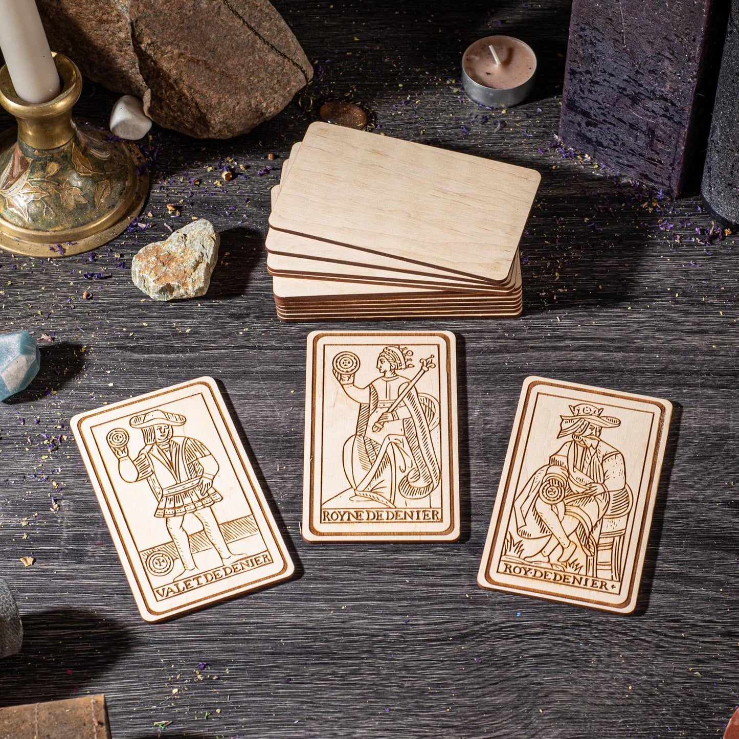 Wooden Tarot Pentacles Suit – Engraved Marseilles Cards, Personalized Gif