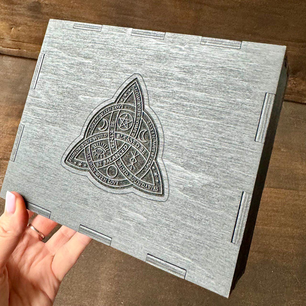 Triquetra Tarot Card Box: Engraved Wooden Wiccan Divination Tool Storage