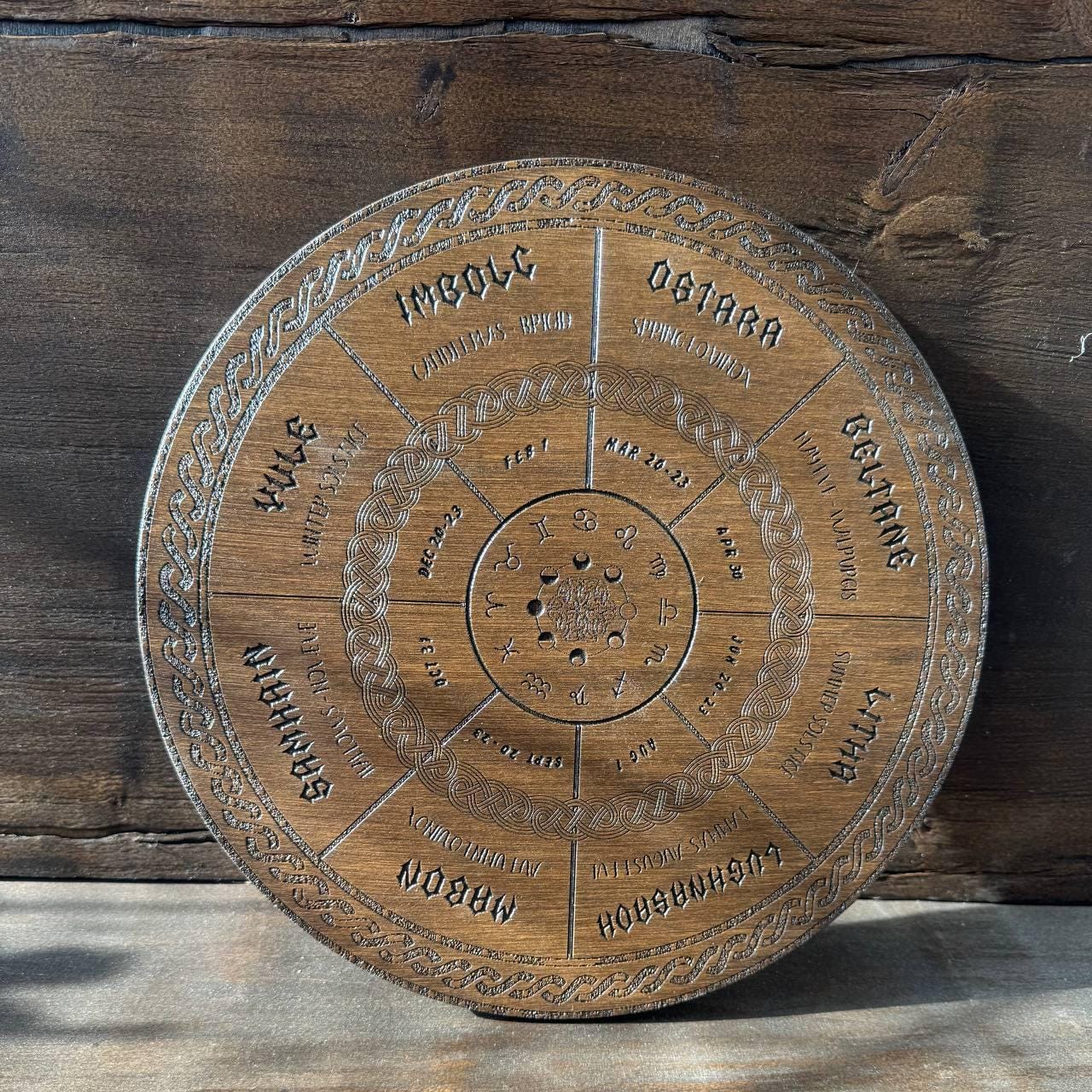 Wooden Wheel of Life Calendar, Celtic Tree Zodiac Engraved Disc, Wiccan Altar Decor