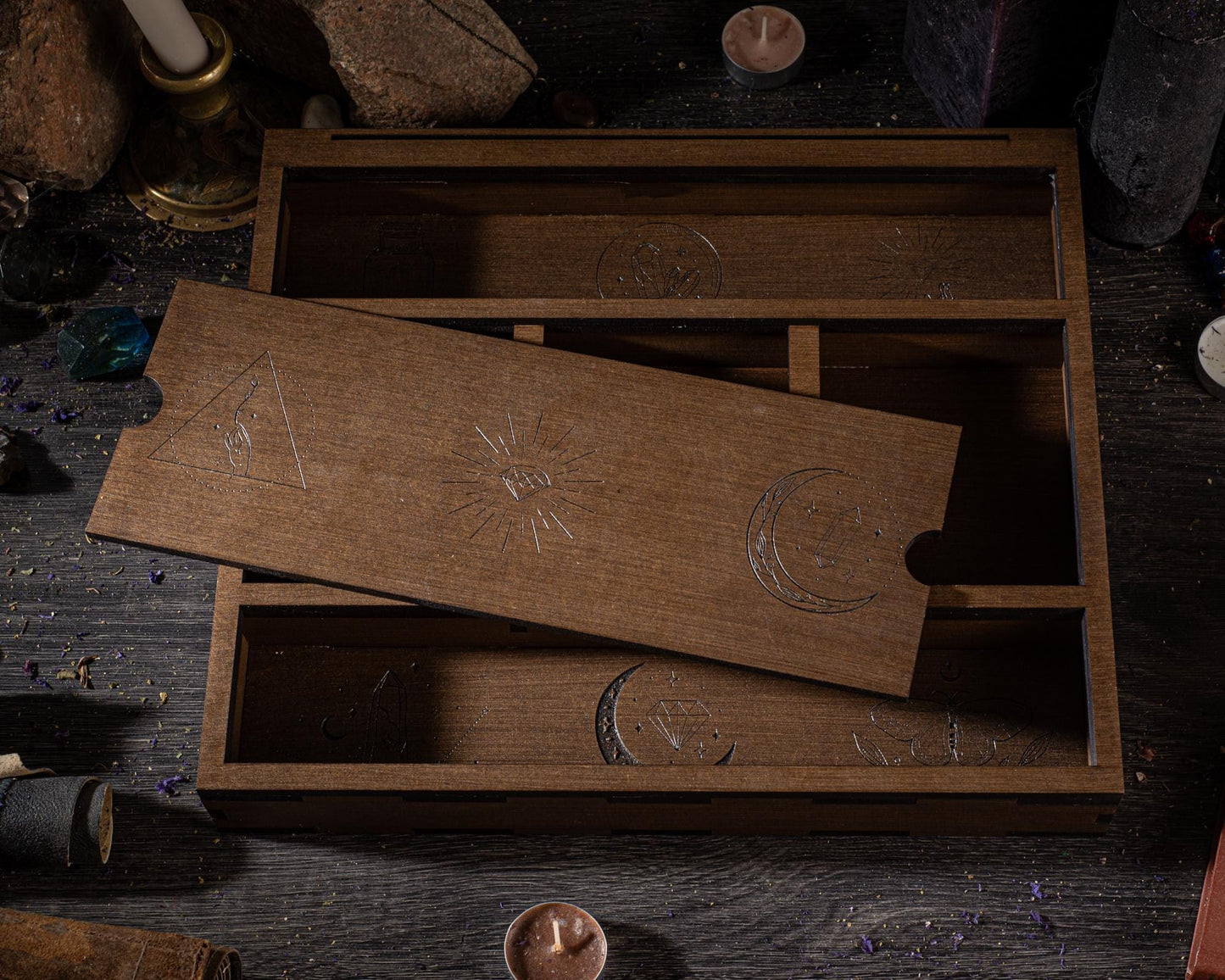 Engraved Wooden Tarot Box: Wiccan Crystal Storage, Personalized Witch Decor