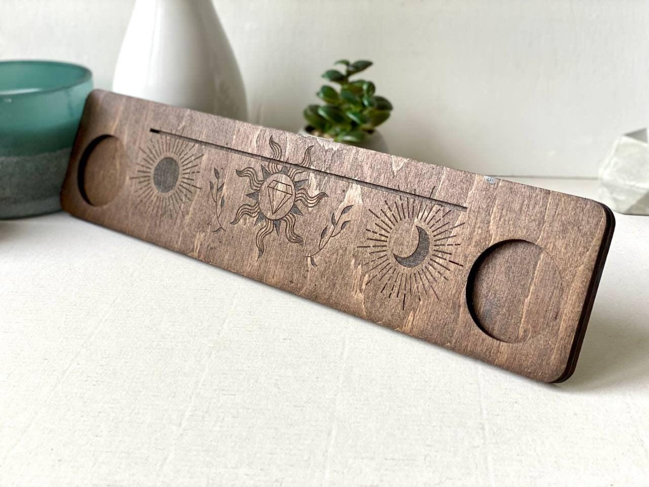 Sun and Moon Tarot Card Holder, Engraved Wooden Altar Stand