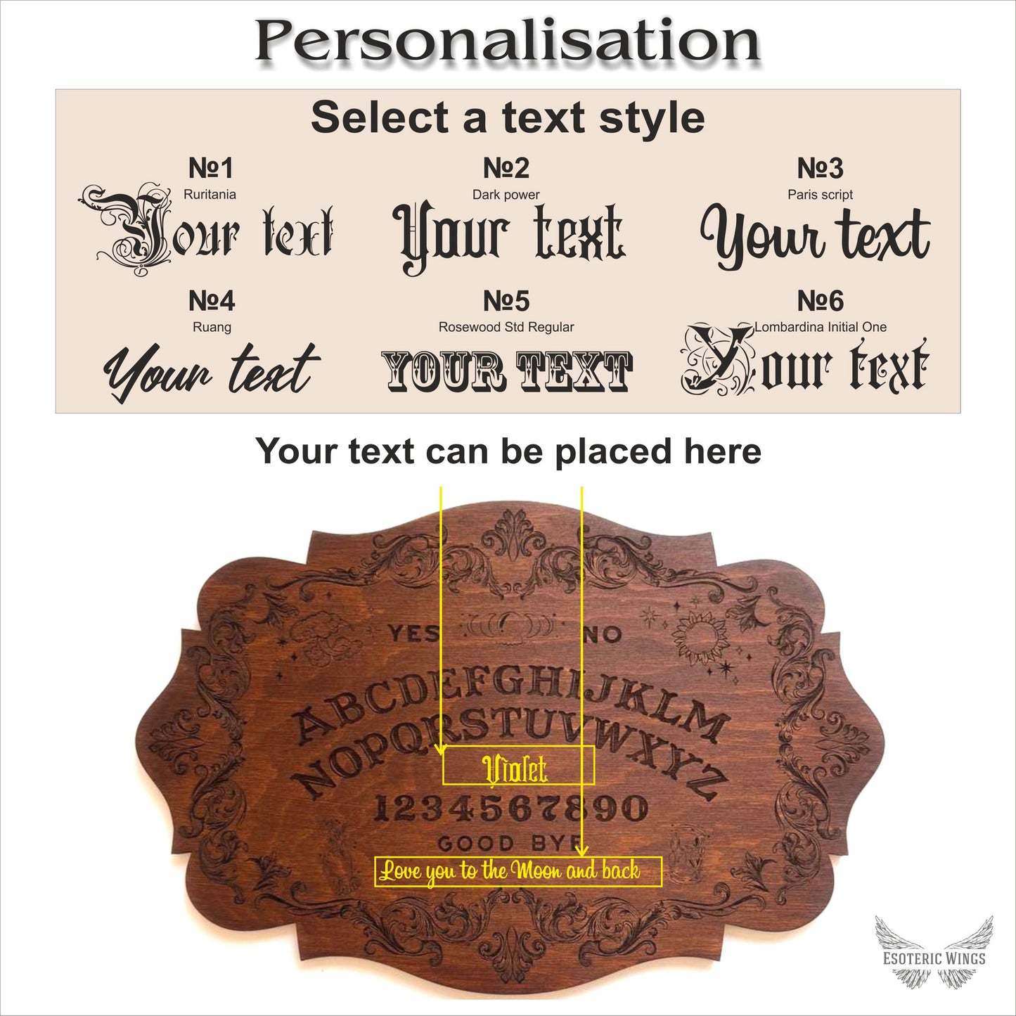 Ouija board, black wood, spirit board with planchette, gothic divination decor