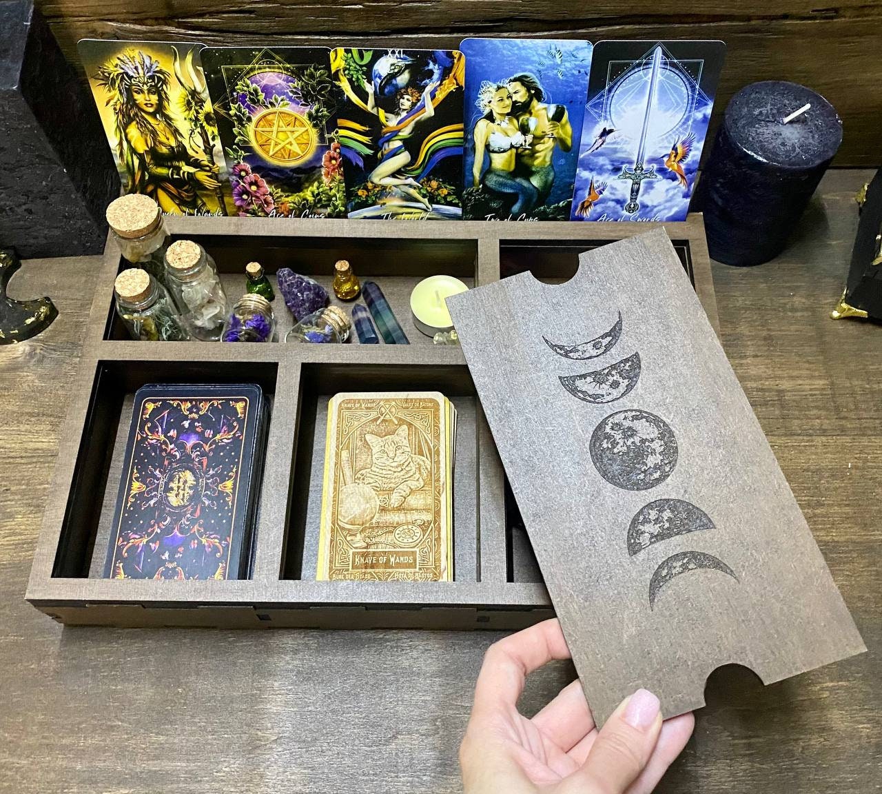 Moon Phase Tarot Box, Wooden Organizer for Cards, Witch Altar Storage Case, Crystal Divider Box