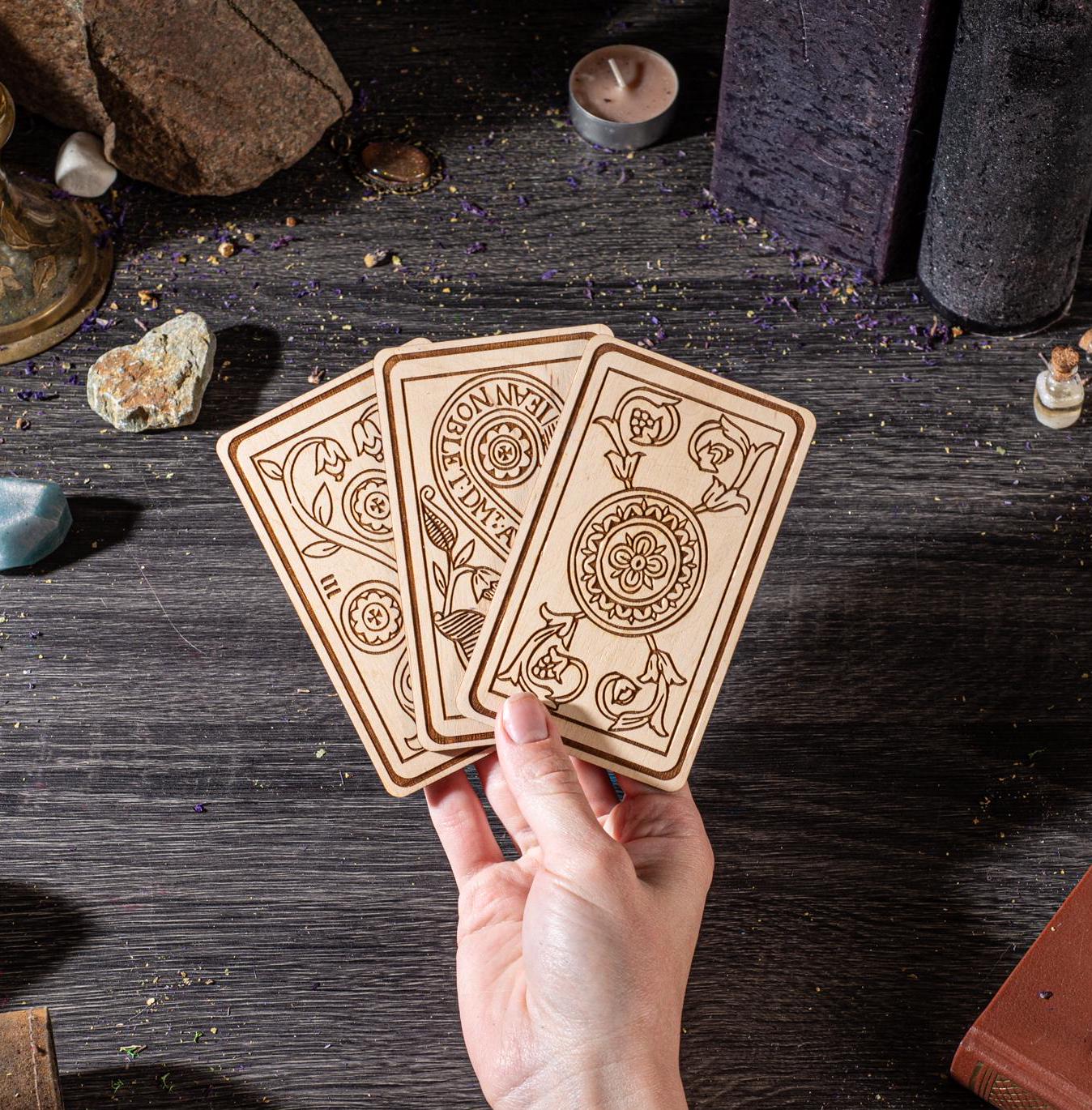 Wooden Tarot Pentacles Suit – Engraved Marseilles Cards, Personalized Gif