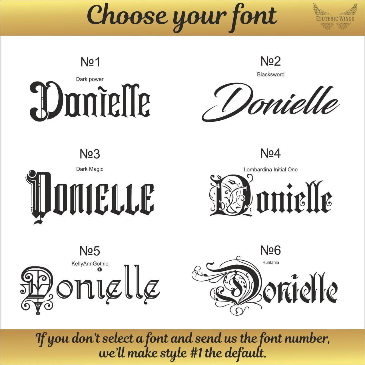 a selection of different font styles for the name "Donielle". There are six different font styles, each with a unique design and appearance. The font styles include Gothic, Dark Magic, Lumbardina Initial One, and other variations. The image does not contain any text that would allow for a detailed description of each font style.